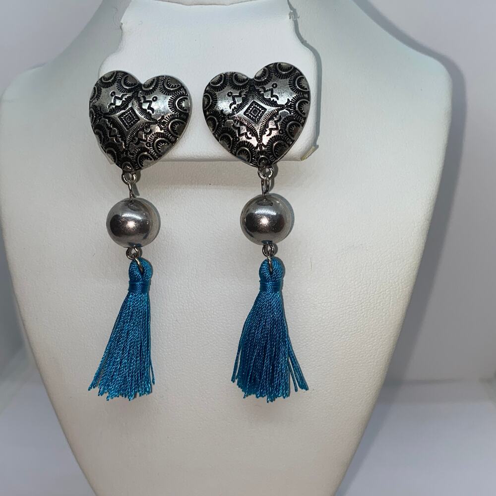 Antiqued Silver-Tone Heart Beaded Blue Tassel Tie Dangle Earrings